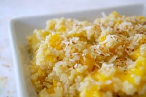 This salad of pineapple, mango and Mandarin oranges mixed with quinoa cooked in coconut milk is sure to remind you of a beach and warmer weather!