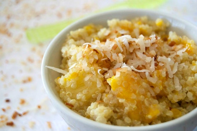 This salad of pineapple, mango and Mandarin oranges mixed with quinoa cooked in coconut milk is sure to remind you of a beach and warmer weather!