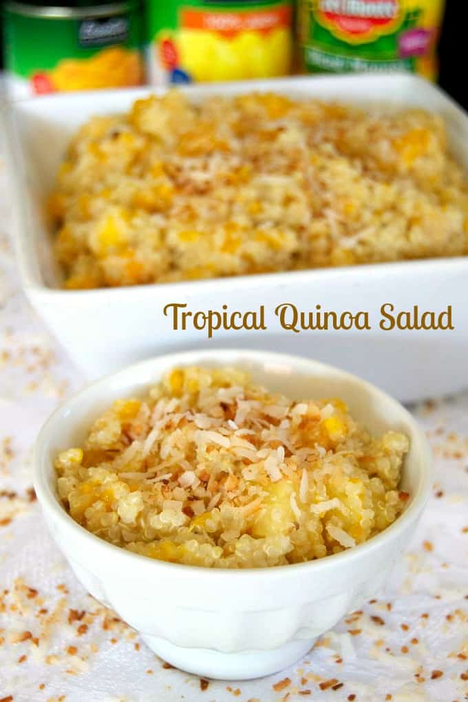 This salad of pineapple, mango and Mandarin oranges mixed with quinoa cooked in coconut milk is sure to remind you of a beach and warmer weather!