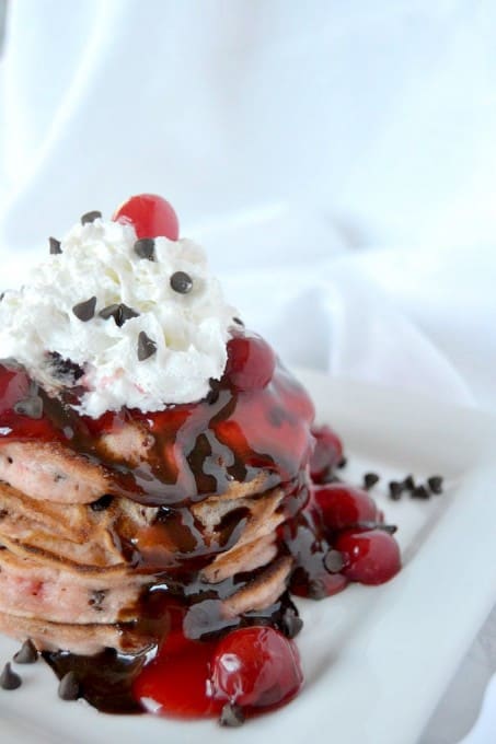 Buttermilk Pancakes with chocolate chips and diced Maraschino cherries - a delectable breakfast treat!