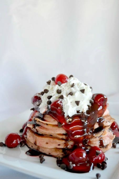 Buttermilk Pancakes with chocolate chips and diced Maraschino cherries - a delectable breakfast treat!