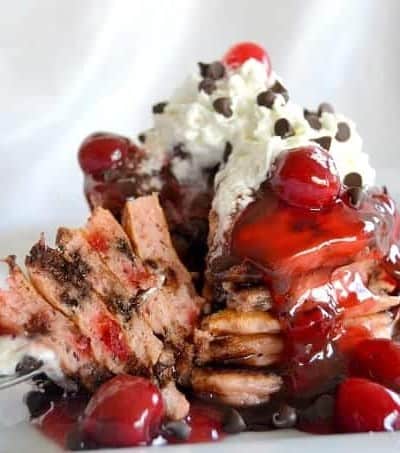 Buttermilk Pancakes with chocolate chips and diced Maraschino cherries - a delectable breakfast treat!