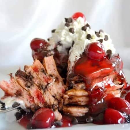 Buttermilk Pancakes with chocolate chips and diced Maraschino cherries - a delectable breakfast treat!