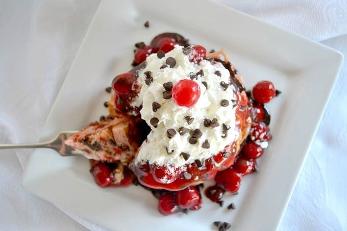 Buttermilk Pancakes with chocolate chips and diced Maraschino cherries - a delectable breakfast treat!