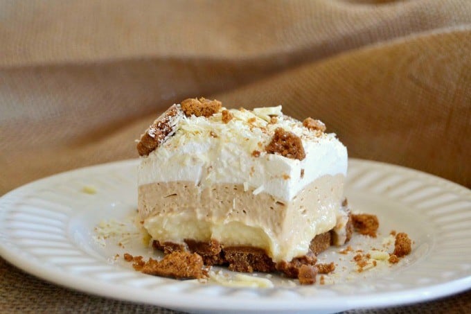 Biscoff Cookie Spread, White Chocolate Pudding and crushed Biscoff Cookies make these NO BAKE bars a dream!