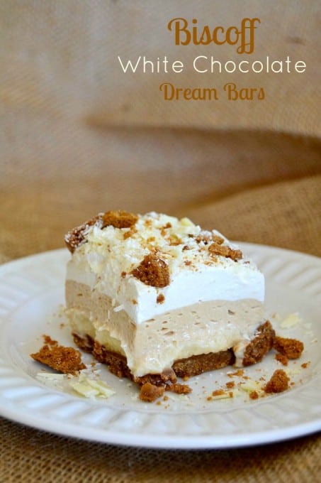 Biscoff Cookie Spread, White Chocolate Pudding and crushed Biscoff Cookies make these NO BAKE bars a dream!