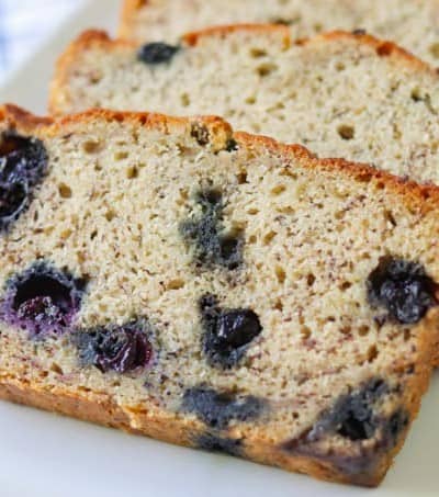 Thick layers of banana bread with blueberries.