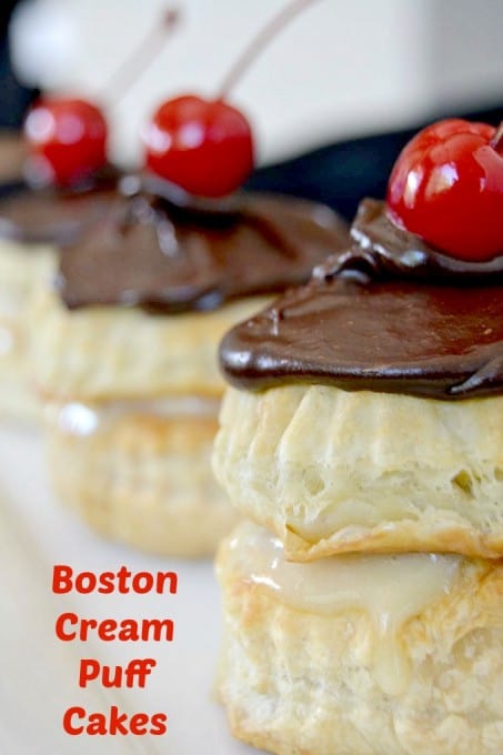 Boston Cream Puff Cakes - rounds of Pepperidge Farm Puff pastry filled with cream topped with chocolate ganache!