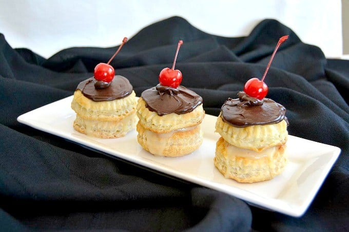 Boston Cream Puff Cakes - rounds of Pepperidge Farm Puff pastry filled with cream topped with chocolate ganache!