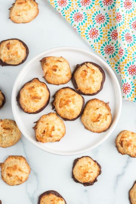 Coconut cookies dipped in chocolate.