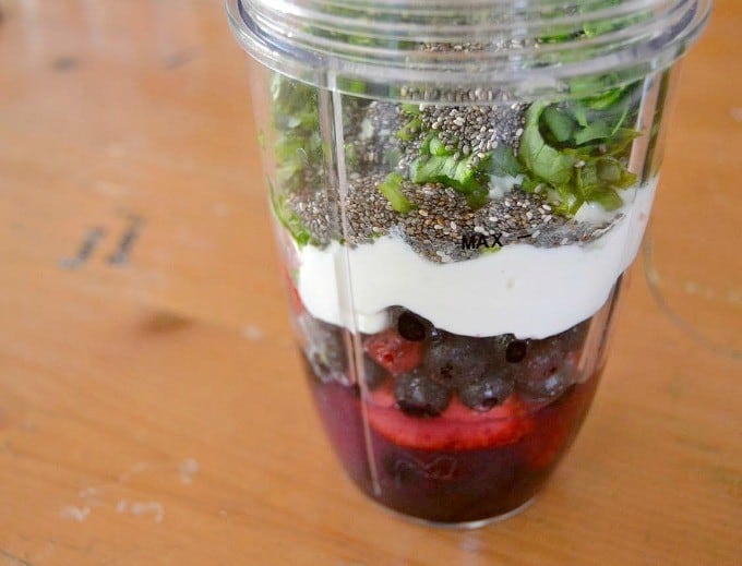 This Easy Fruit Smoothie made with blueberries, strawberries, Greek yogurt and chia seeds is the perfect nutritional energy boost before or after your walk!