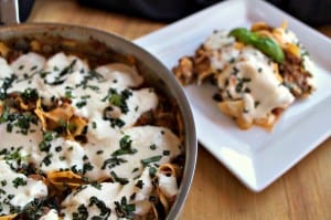Lasagna made in a skillet with spinach. It makes for a great busy weeknight dinner!