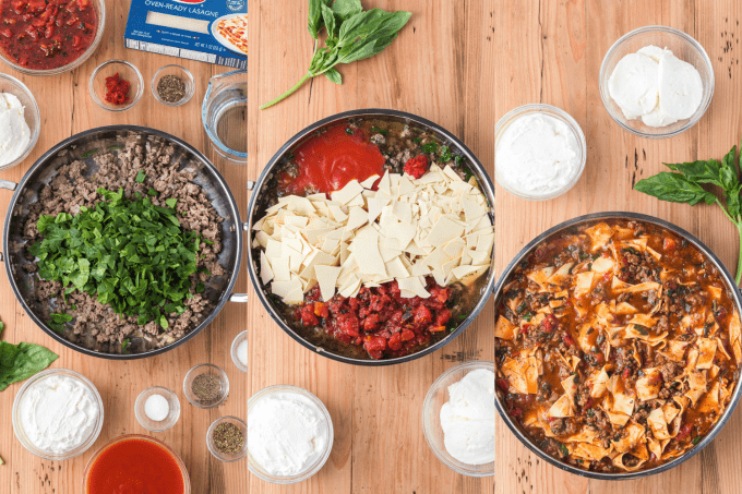 Skillet Spinach Lasagna process photos.