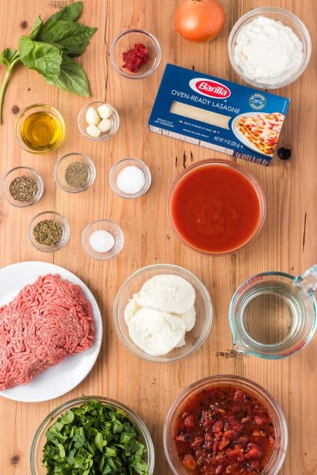 Ingredients for Skillet Spinach Lasagna.