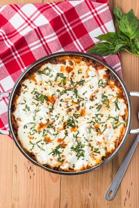 A finished Skillet Lasagna with spinach.