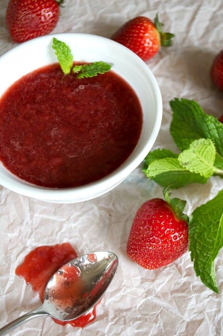 The perfect 3 Ingredient Strawberry Sauce for ice cream, pancakes, waffles, and more!