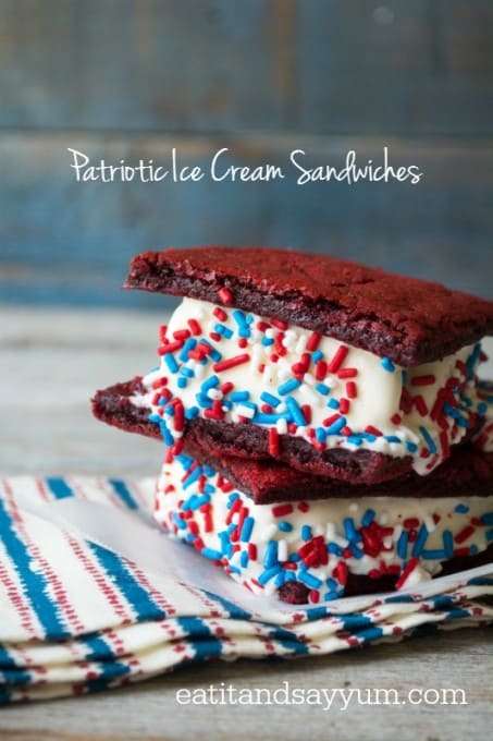 Patriotic Ice Cream Sandwiches using a red velvet cake mix and sprinkles