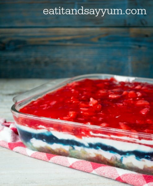 Patriotic Jello Dessert with cream cheese layers and pretzel crust