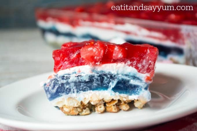 Patriotic Jello Dessert with strawberries and blueberries