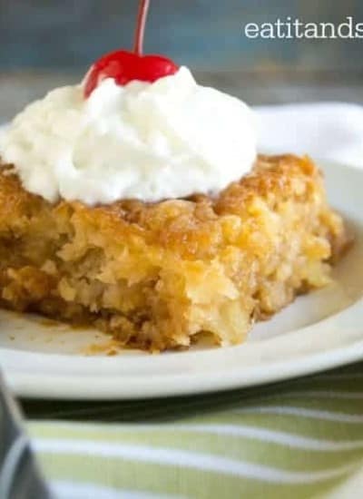 Pineapple Soak Cake- a super moist eggless cake full of pineapple and topped with whipped cream or ice cream.