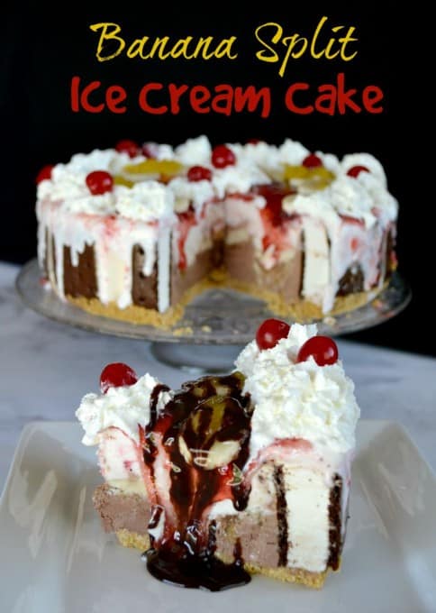 Layers of chocolate and strawberry ice cream, ice cream sandwiches, bananas, chocolate, pineapple and strawberry sundae toppings, and of course, whipped cream and cherries! WOW!