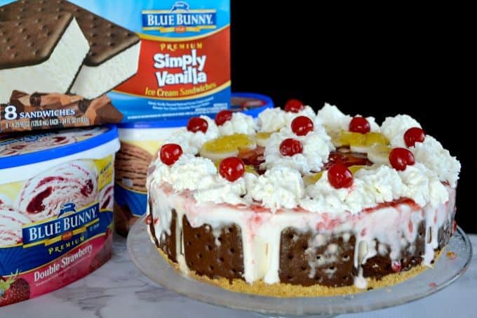 Layers of chocolate and strawberry ice cream, ice cream sandwiches, bananas, chocolate, pineapple and strawberry sundae toppings, and of course, whipped cream and cherries! WOW!