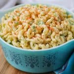 A bowl filled with pasta salad.