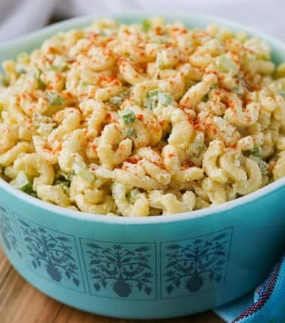 A bowl filled with pasta salad.
