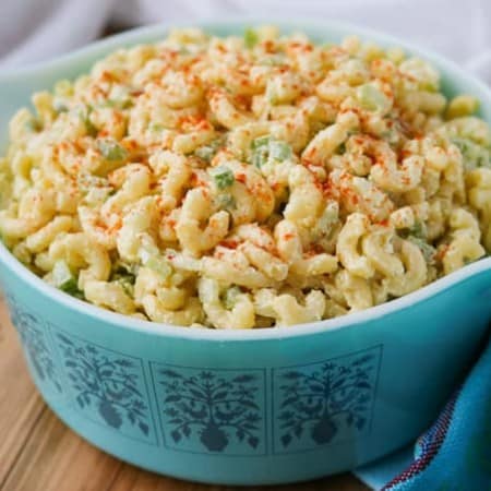 A bowl filled with pasta salad.