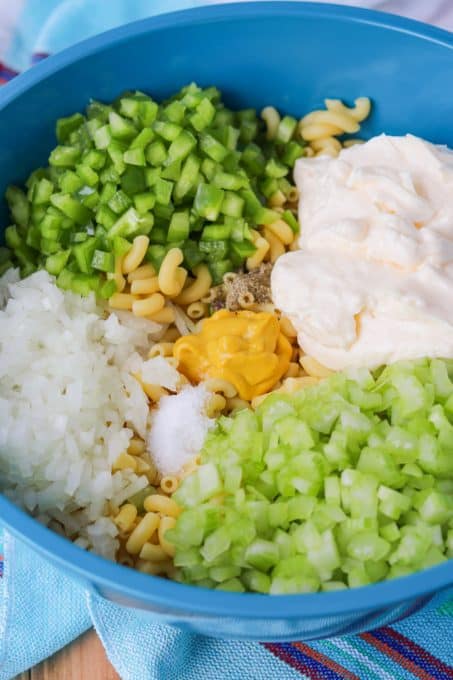 Prep for making a salad with macaroni.