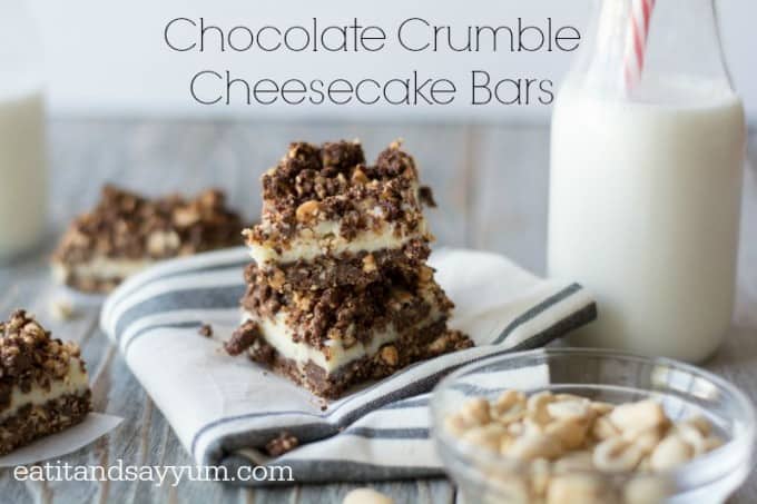 Chocolate Crumble Cheesecake Bars are a delicious dessert with lots of chocolate flavor and added crunch from peanuts and graham crackers