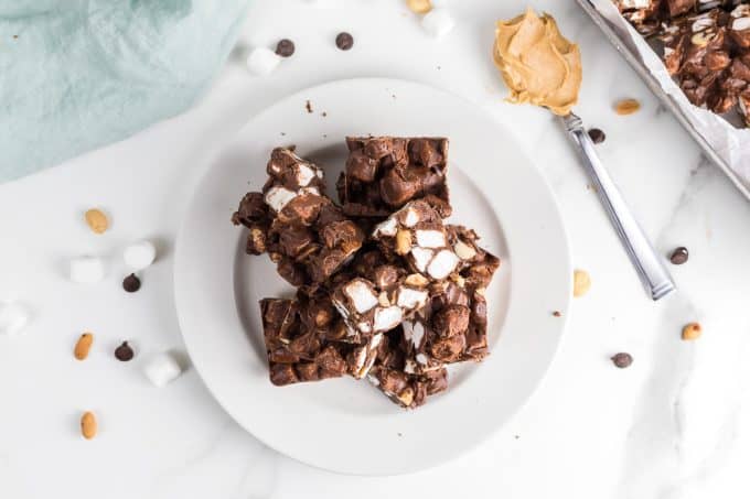 Chocolate fudge with peanut butter, marshmallows, and peanuts.