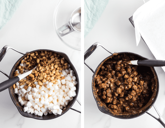 Process photos for Rocky Road Fudge with peanut butter.