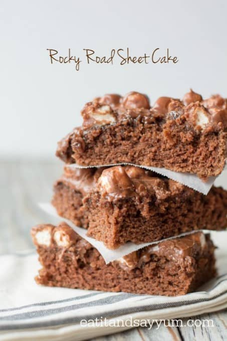 Rocky Road Sheet Cake- the best frosting ever! and it's full of marshmallows and peanuts!