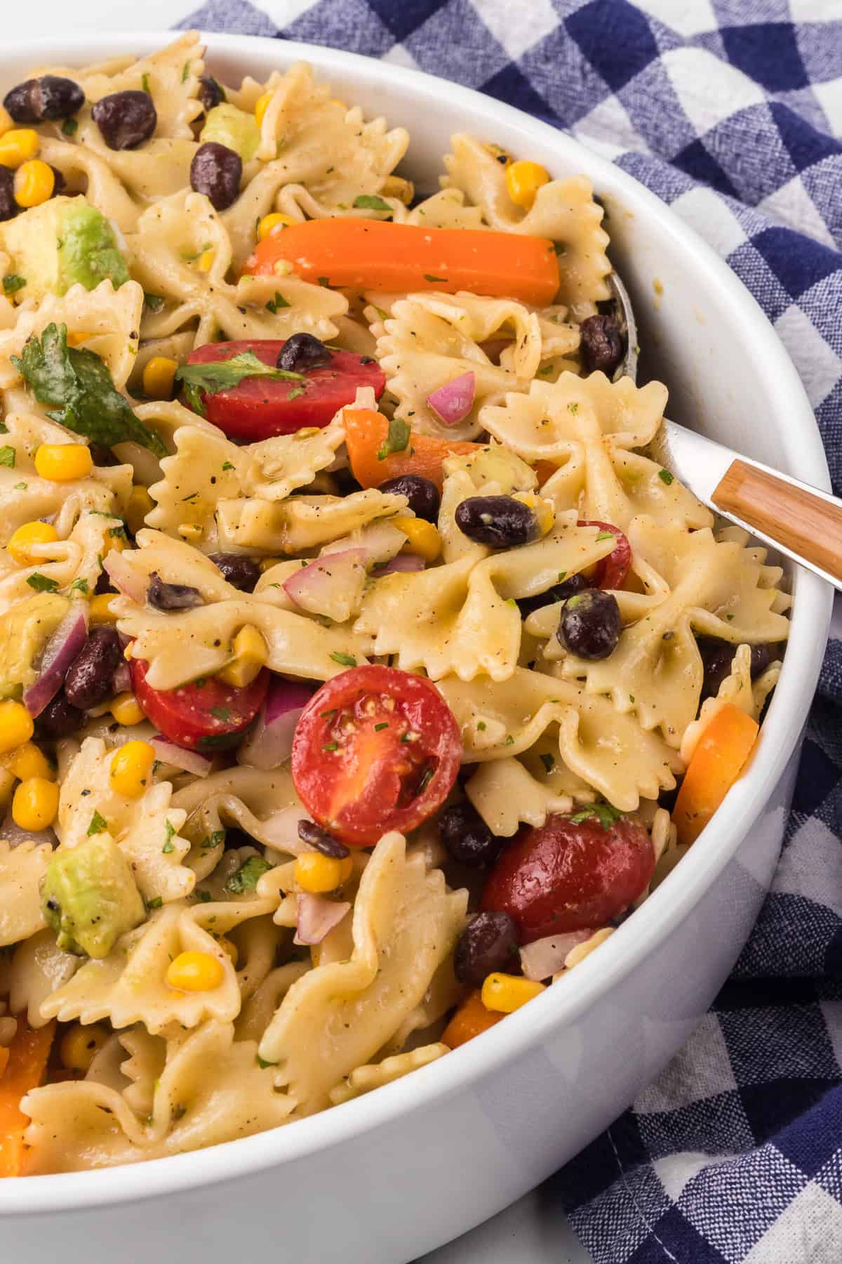 Pasta, black beans, tomatoes, corn, pepper, in a spicy vinaigrette.