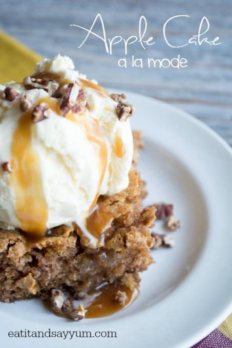 Apple Cake a la mode with caramel and toasted pecans from eatitandsayyum.com