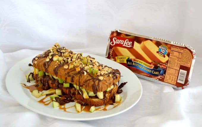 A Sara Lee pound cake, chopped Granny Smith apple, salted caramel, melted chocolate and peanuts make this an easy and delicious dessert.