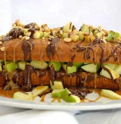 A Sara Lee pound cake, chopped Granny Smith apple, salted caramel, melted chocolate and peanuts make this an easy and delicious dessert.