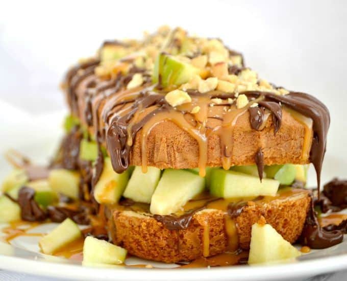 A Sara Lee pound cake, chopped Granny Smith apple, salted caramel, melted chocolate and peanuts make this an easy and delicious dessert.