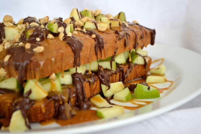 A Sara Lee pound cake, chopped Granny Smith apple, salted caramel, melted chocolate and peanuts make this an easy and delicious dessert.