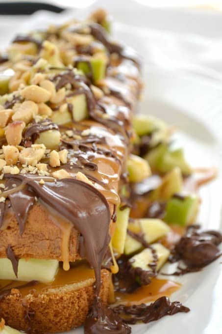 A Sara Lee pound cake, chopped Granny Smith apple, salted caramel, melted chocolate and peanuts make this an easy and delicious dessert.