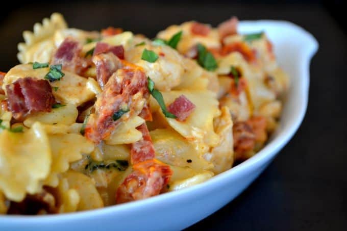 Farfalle pasta tossed with some seasoned cooked chicken tenders, sundried tomatoes and bacon in a creamy mozzarella sauce.