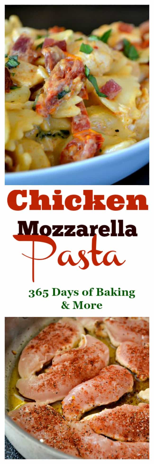 Farfalle pasta tossed with some seasoned cooked chicken tenders, sundried tomatoes and bacon in a creamy mozzarella sauce.