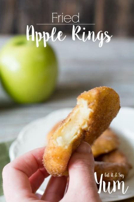 Thinly sliced apples that are dredged in a batter and then fried til golden brown