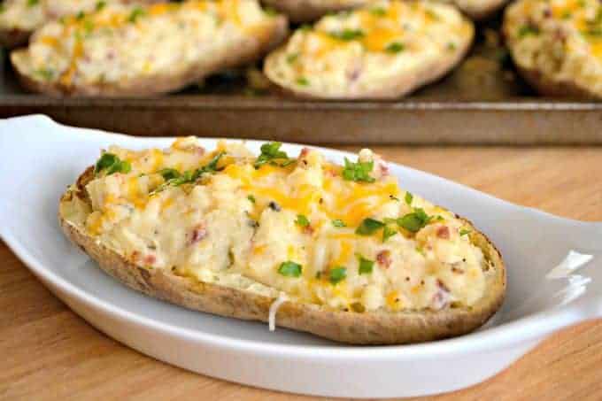 Potatoes baked twice and full of flavor. These will complement your meat dish very well!