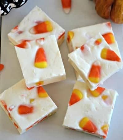 Creamy white chocolate fudge with the taste of Fall. It's candy corn!!