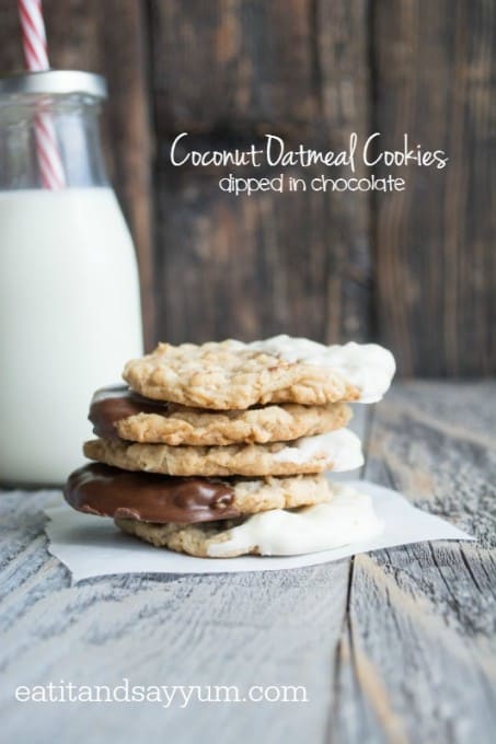 Coconut Oatmeal Cookies dipped in chocolate and white chocolate