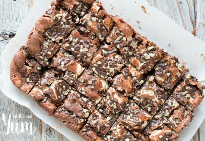 Hot Chocolate Brownies- layers of brownie, marshmallow, and crushed chocolate mints
