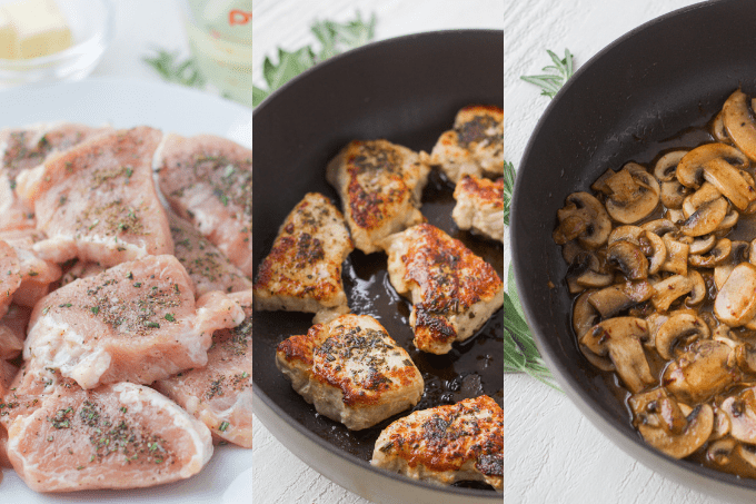 Process shots for pork with mushrooms in a wine sauce.
