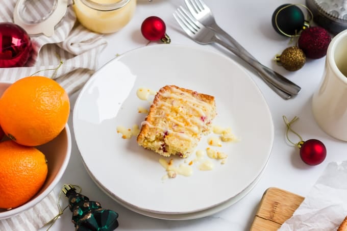 A coffee cake with orange and cranberries.